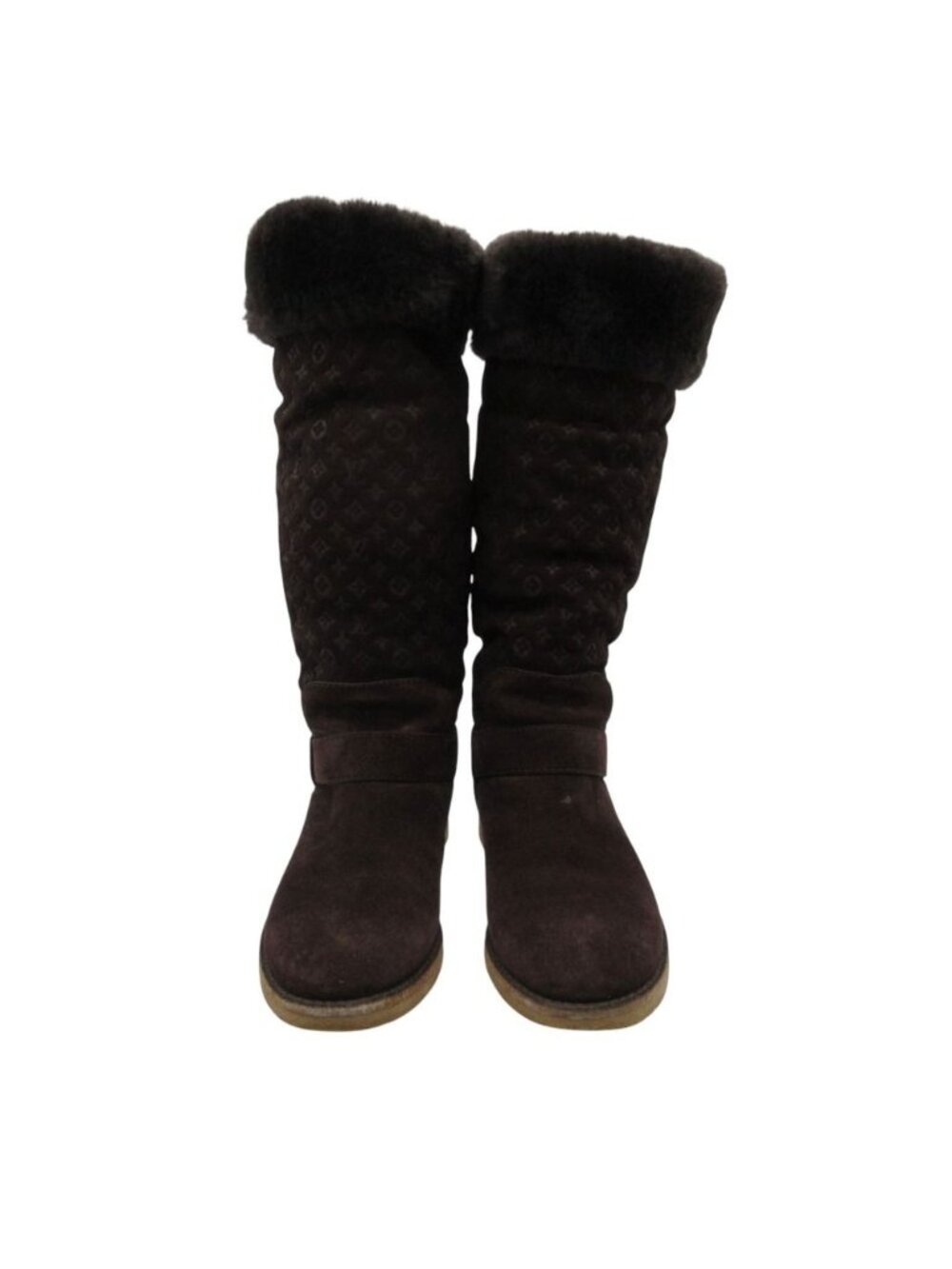 Louis Vuitton Boots Long Shearling Monogram Gold Belt Suede Shoes Brown